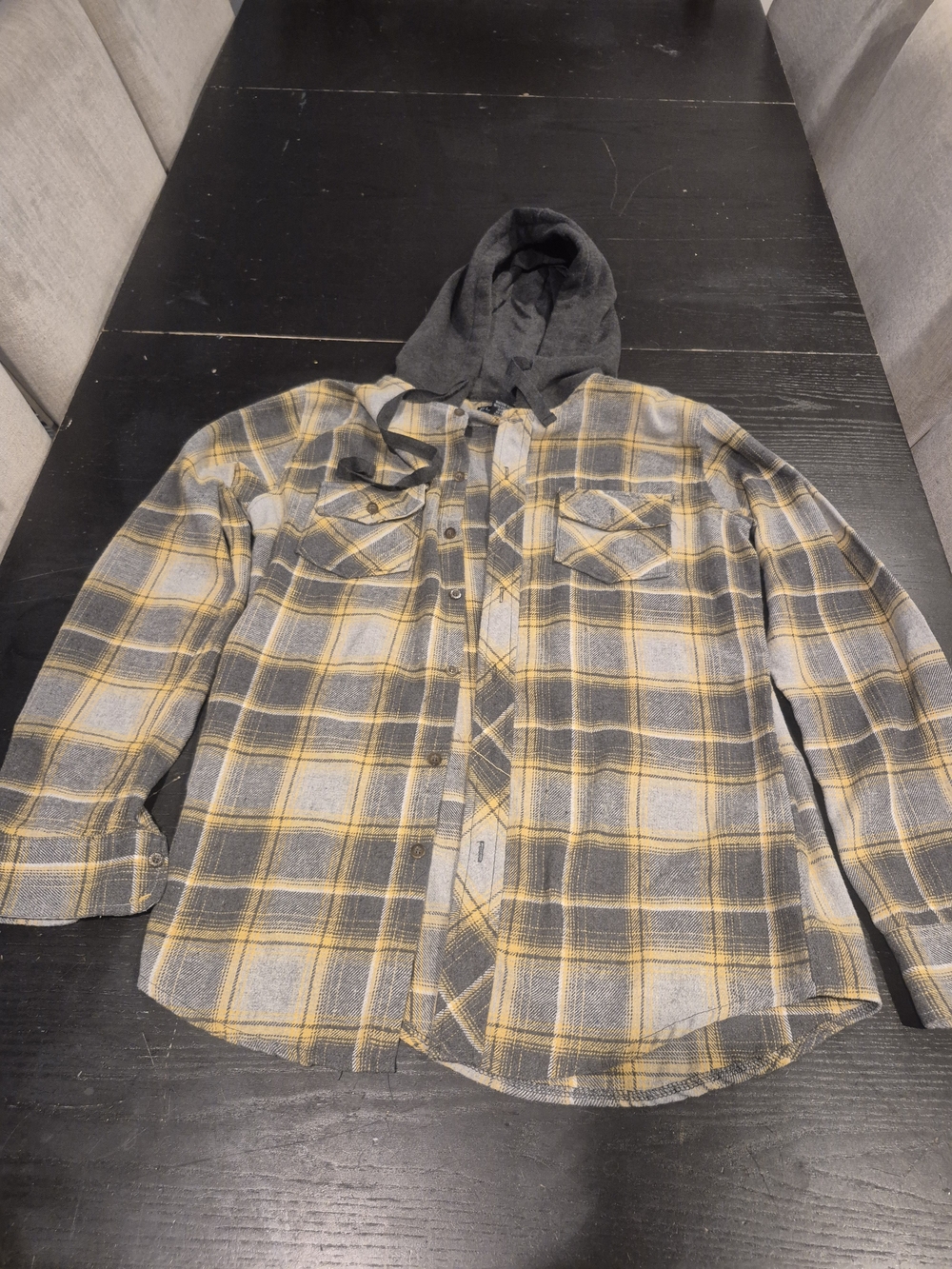Men's Hooded Plaid Flannel Shirt Jacket - Gray & Yellow Unisex - Picture 2 of 7